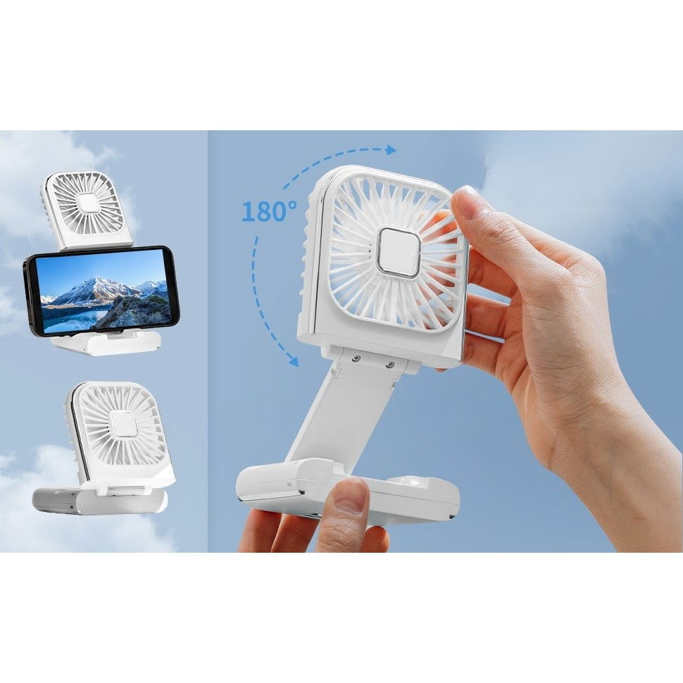 Ventilator portabil 3 in 1, de mana, de gat, de birou, 16.7 x 8 x 1.9 cm, 3 trepte de viteza, incarcare usb, pliabil, afisaj digital, suport telefon, alb [8]