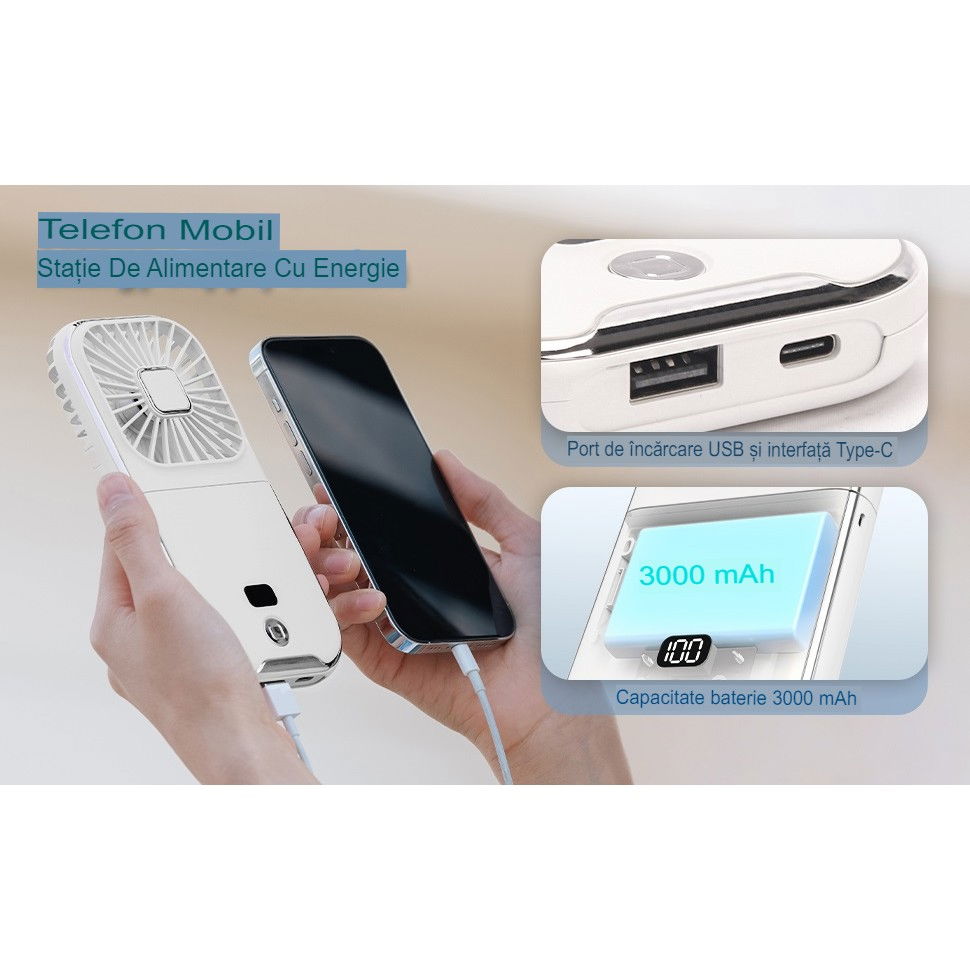 Ventilator portabil 3 in 1, de mana, de gat, de birou, 16.7 x 8 x 1.9 cm, 3 trepte de viteza, incarcare usb, pliabil, afisaj digital, suport telefon, alb [4]