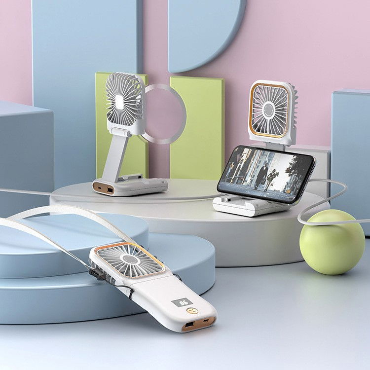Ventilator portabil 3 in 1, de mana, de gat, de birou, 16.7 x 8 x 1.9 cm, 3 trepte de viteza, incarcare usb, pliabil, afisaj digital, suport telefon, alb [10]