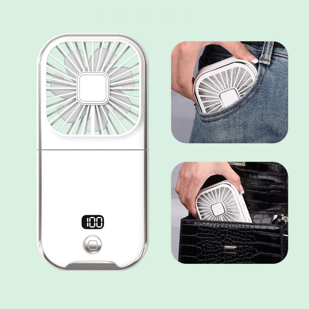 Ventilator portabil 3 in 1, de mana, de gat, de birou, 16.7 x 8 x 1.9 cm, 3 trepte de viteza, incarcare usb, pliabil, afisaj digital, suport telefon, alb [2]