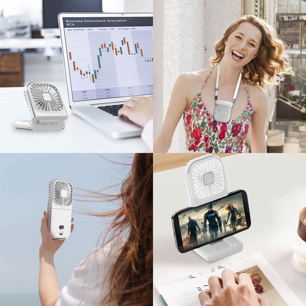 Ventilator portabil 3 in 1, de mana, de gat, de birou, 16.7 x 8 x 1.9 cm, 3 trepte de viteza, incarcare usb, pliabil, afisaj digital, suport telefon, alb [9]