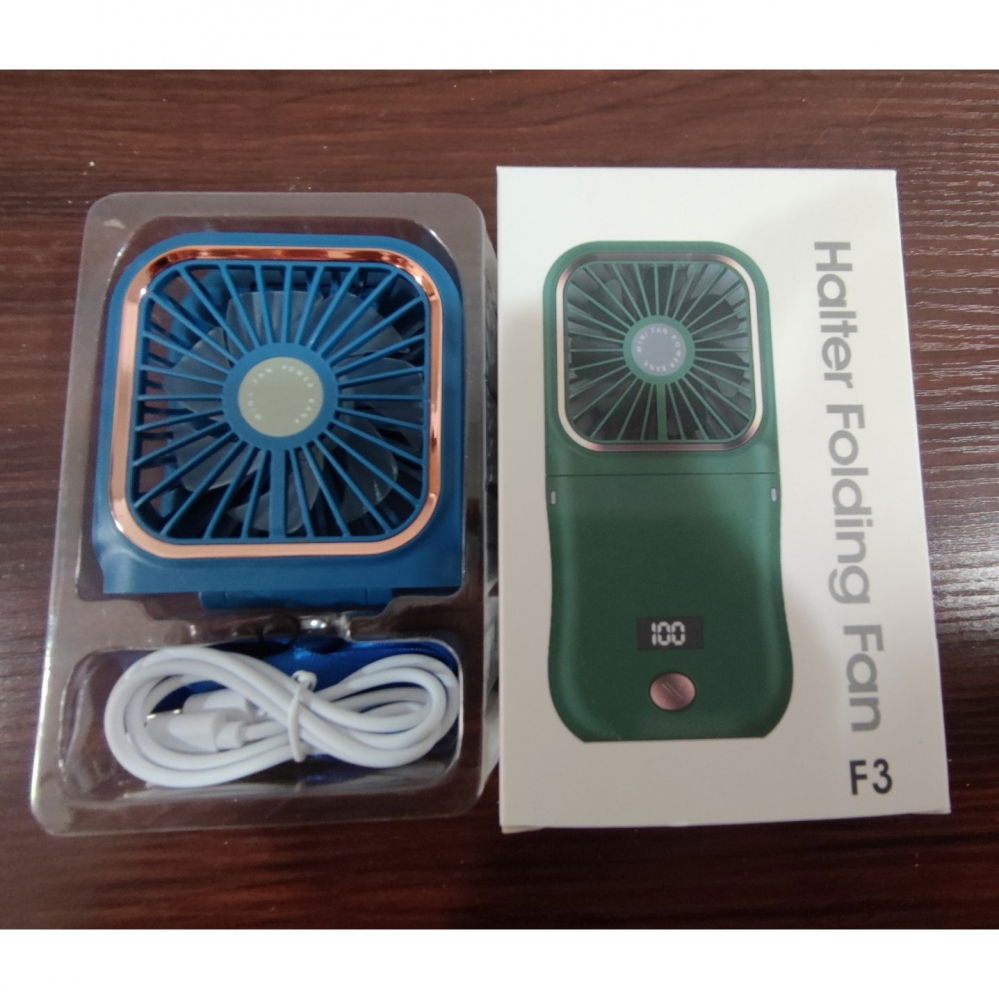 Ventilator portabil 3 in 1, de mana, de gat, de birou, 16.7 x 8 x 1.9 cm, 3 trepte de viteza, incarcare usb, pliabil, afisaj digital, suport telefon, albastru [7]