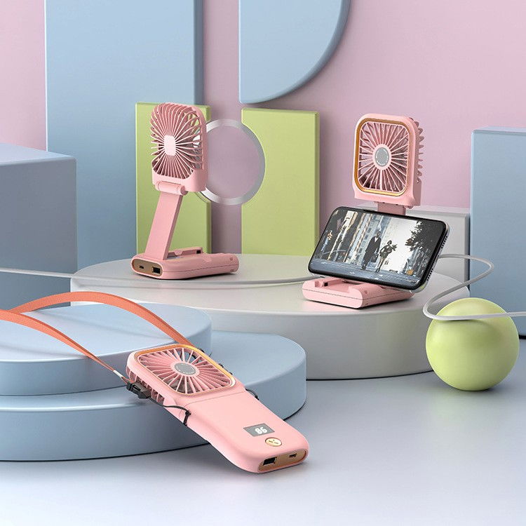 Ventilator portabil 3 in 1, de mana, de gat, de birou, 16.7 x 8 x 1.9 cm, 3 trepte de viteza, incarcare usb, pliabil, afisaj digital, suport telefon, roz [4]