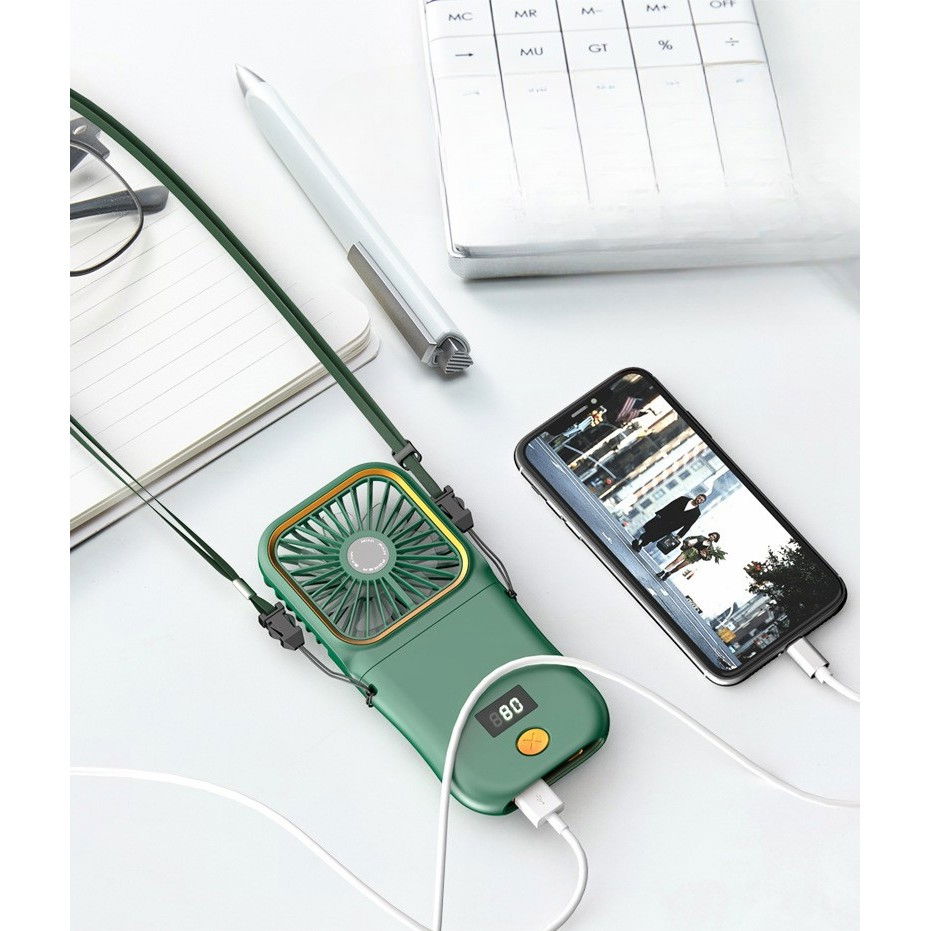 Ventilator portabil 3 in 1, de mana, de gat, de birou, 16.7 x 8 x 1.9 cm, 3 trepte de viteza, incarcare usb, pliabil, afisaj digital, suport telefon, verde [5]