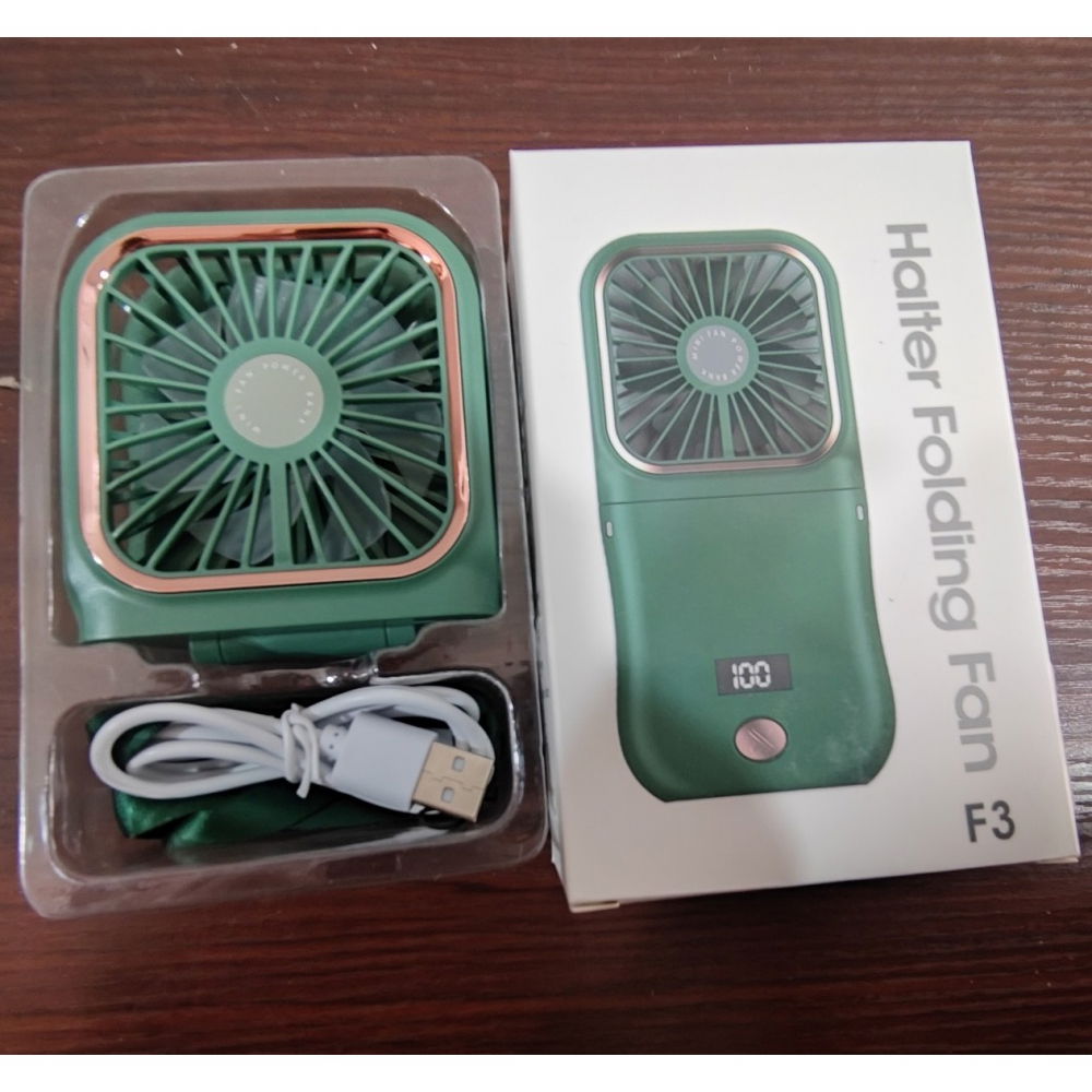 Ventilator portabil 3 in 1, de mana, de gat, de birou, 16.7 x 8 x 1.9 cm, 3 trepte de viteza, incarcare usb, pliabil, afisaj digital, suport telefon, verde [6]
