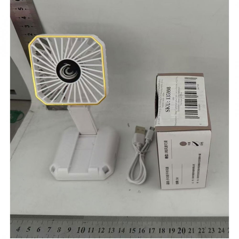 Ventilator portabil, de gat, de birou, suport telefon, 14 x 7 cm, incarcare usb, din abs, 3 viteze, alb [8]