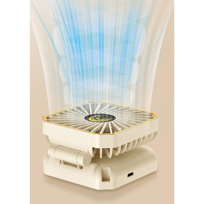 Ventilator portabil, de gat, de birou, suport telefon, 14 x 7 cm, incarcare usb, din abs, 3 viteze, bej [3]