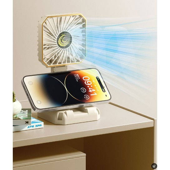 Ventilator portabil, de gat, de birou, suport telefon, 14 x 7 cm, incarcare usb, din abs, 3 viteze, bej [7]