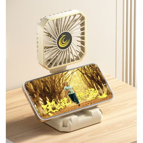 Ventilator portabil, de gat, de birou, suport telefon, 14 x 7 cm, incarcare usb, din abs, 3 viteze, bej [6]