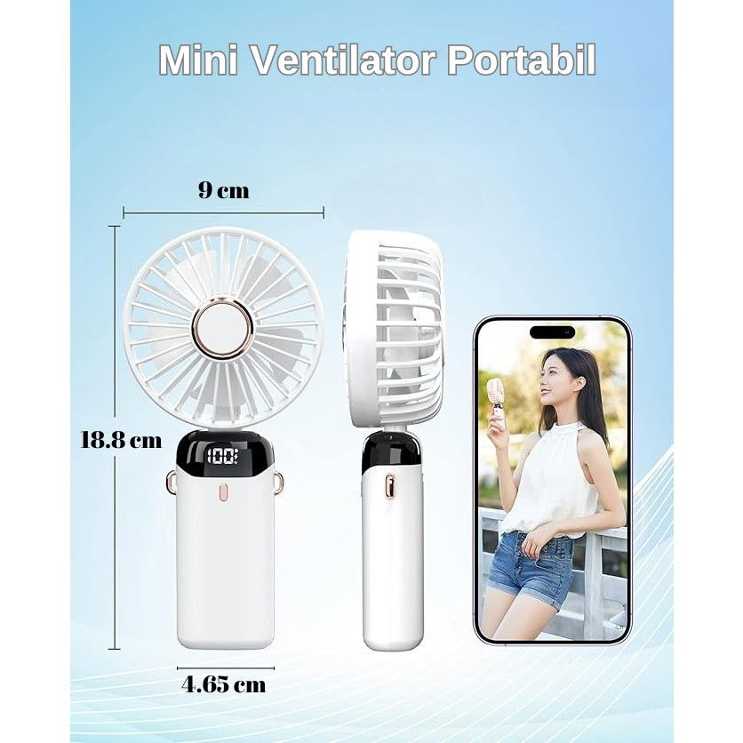 Ventilator ultra portabil cu aromaterapie, 3 in 1, de mana, de birou, de gat, 5 trepte de viteza, incarcare usb, autonomie 12h, pliabil, cu ecran lcd, alb [11]