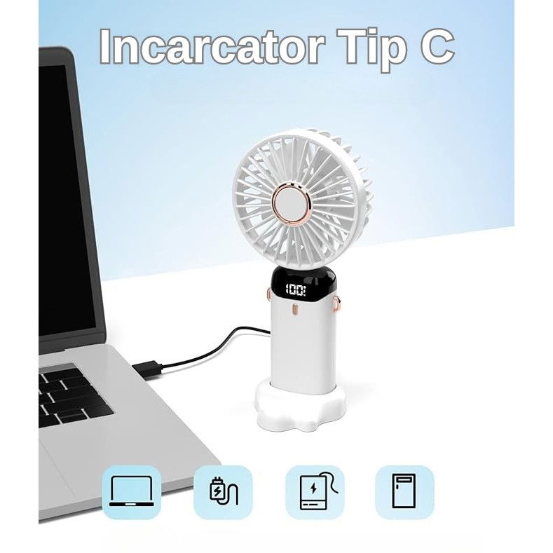 Ventilator ultra portabil cu aromaterapie, 3 in 1, de mana, de birou, de gat, 5 trepte de viteza, incarcare usb, autonomie 12h, pliabil, cu ecran lcd, alb [5]