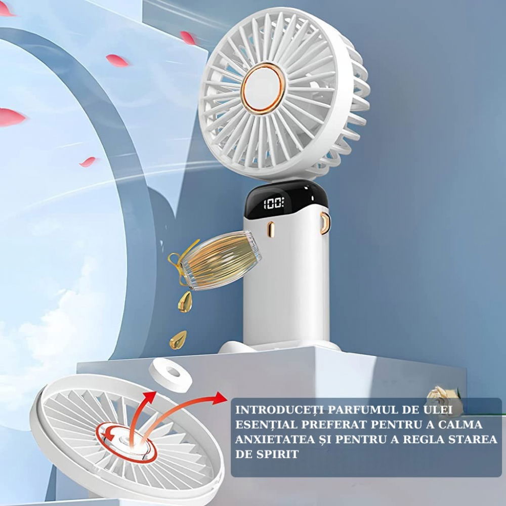 Ventilator ultra portabil cu aromaterapie, 3 in 1, de mana, de birou, de gat, 5 trepte de viteza, incarcare usb, autonomie 12h, pliabil, cu ecran lcd, alb [10]