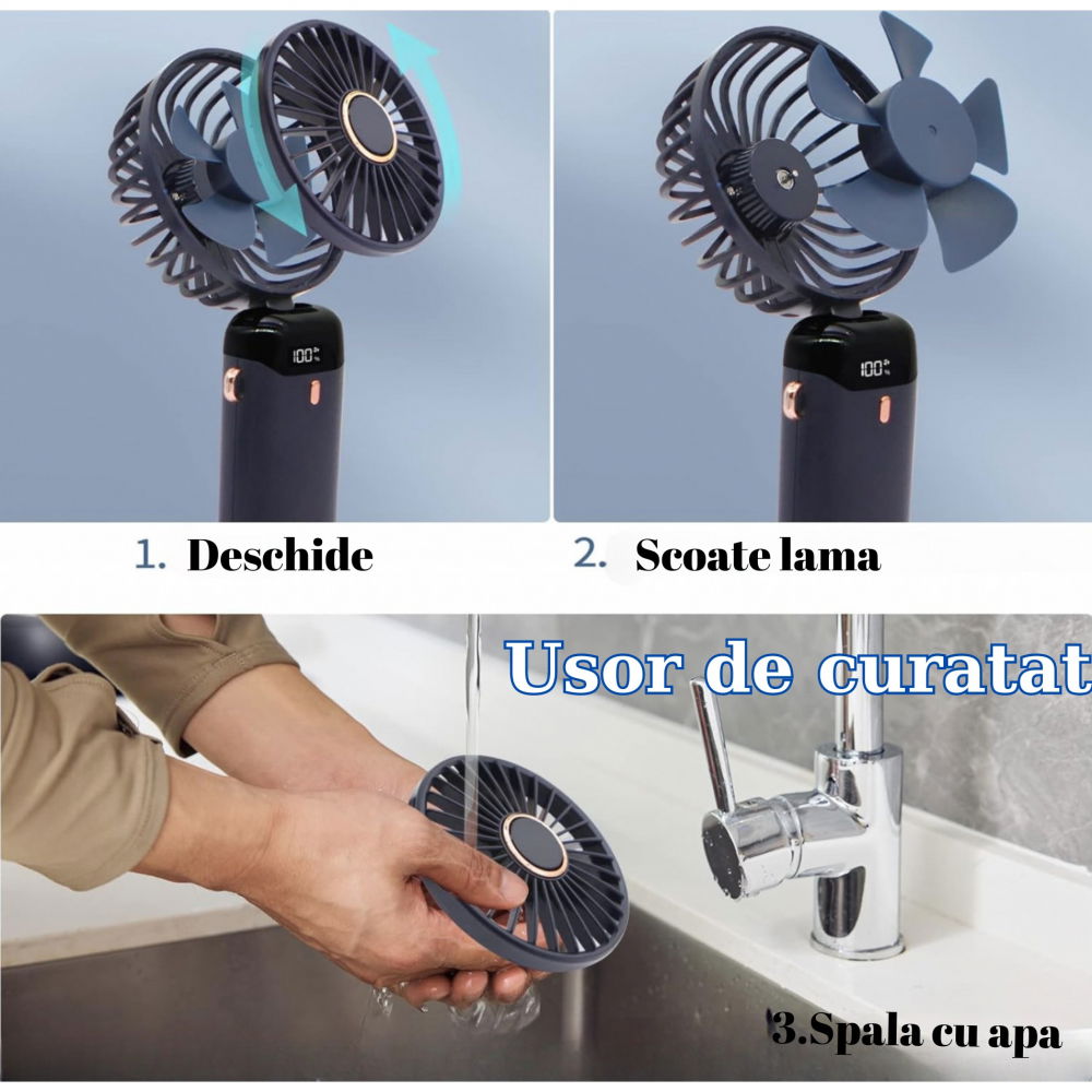 Ventilator ultra portabil cu aromaterapie, 3 in 1, de mana, de birou, de gat, 5 trepte de viteza, incarcare usb, autonomie 12h, pliabil, cu ecran lcd, albastru [5]