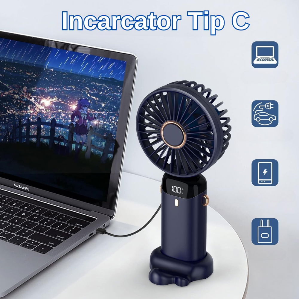 Ventilator ultra portabil cu aromaterapie, 3 in 1, de mana, de birou, de gat, 5 trepte de viteza, incarcare usb, autonomie 12h, pliabil, cu ecran lcd, albastru [9]