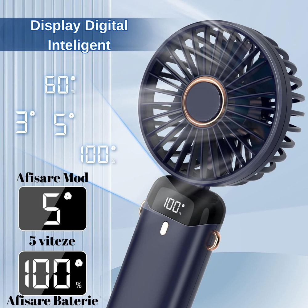 Ventilator ultra portabil cu aromaterapie, 3 in 1, de mana, de birou, de gat, 5 trepte de viteza, incarcare usb, autonomie 12h, pliabil, cu ecran lcd, albastru [7]