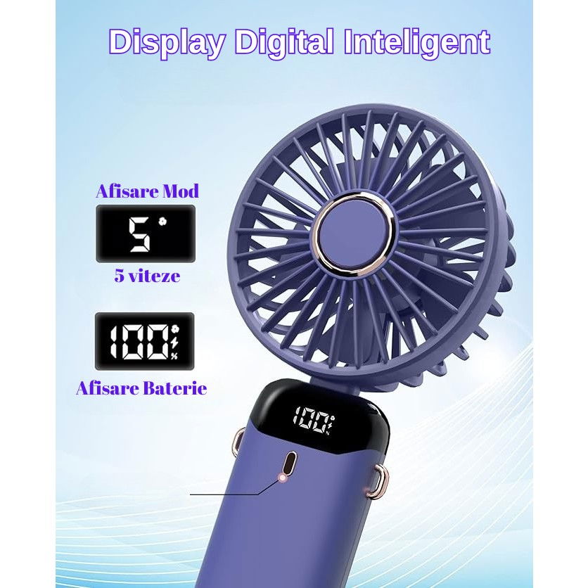 Ventilator ultra portabil cu aromaterapie, 3 in 1, de mana, de birou, de gat, 5 trepte de viteza, incarcare usb, autonomie 12h, pliabil, cu ecran lcd, mov [7]