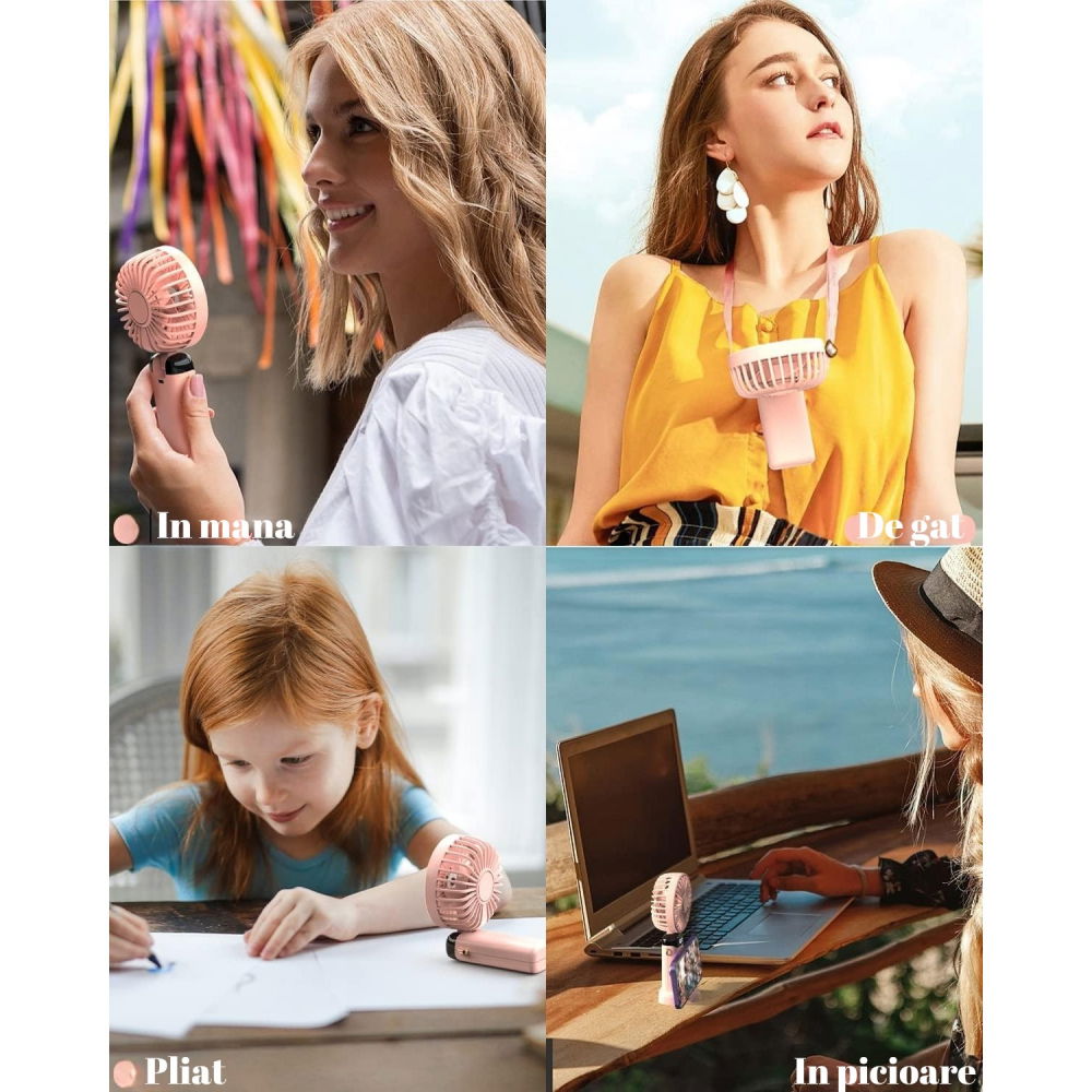 Ventilator ultra portabil cu aromaterapie, 3 in 1, de mana, de birou, de gat, 5 trepte de viteza, incarcare usb, autonomie 12h, pliabil, cu ecran lcd, roz [3]