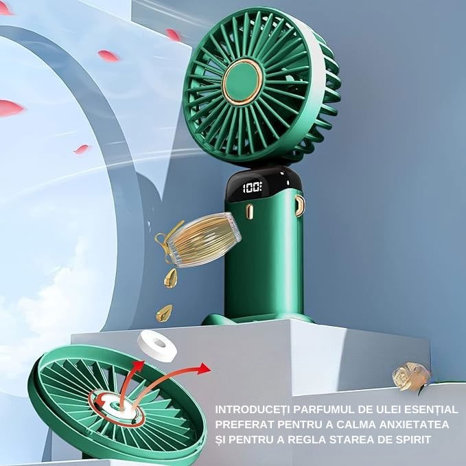 Ventilator ultra portabil cu aromaterapie, 3 in 1, de mana, de birou, de gat, 5 trepte de viteza, incarcare usb, autonomie 12h, pliabil, cu ecran lcd, verde [6]