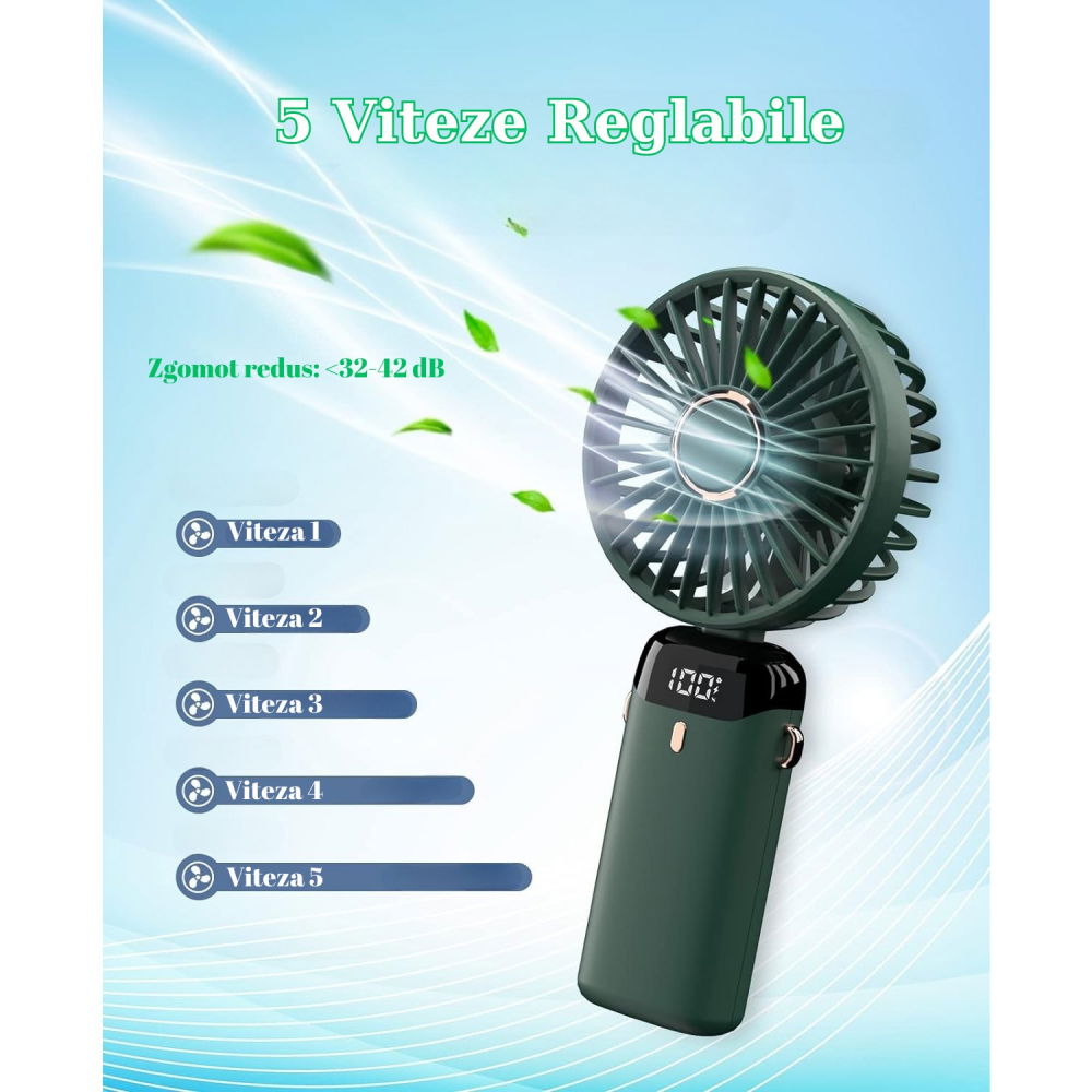 Ventilator ultra portabil cu aromaterapie, 3 in 1, de mana, de birou, de gat, 5 trepte de viteza, incarcare usb, autonomie 12h, pliabil, cu ecran lcd, verde [2]