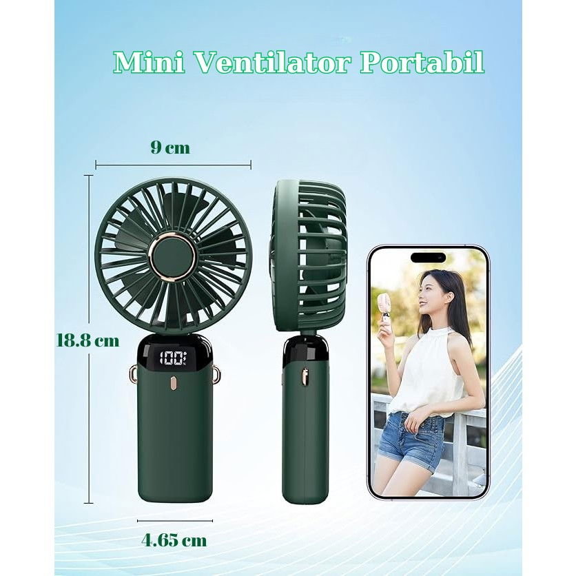 Ventilator ultra portabil cu aromaterapie, 3 in 1, de mana, de birou, de gat, 5 trepte de viteza, incarcare usb, autonomie 12h, pliabil, cu ecran lcd, verde [7]