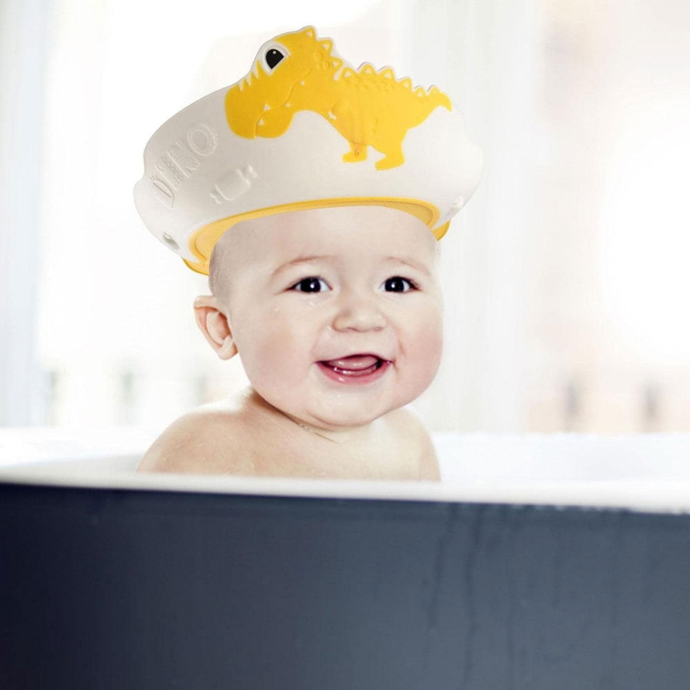 Viziera de protectie baie pentru copii, fippy, model dinozaur, dimensiune ajustabila, durabil, usor de curatat, impotriva samponului, pentru ochi si urechi, tpe+pp, 22x21 cm, galben [7]