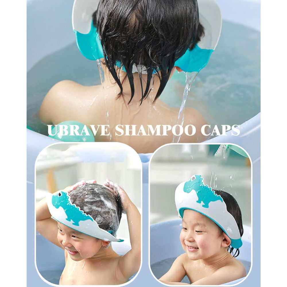 Viziera de protectie baie pentru copii, fippy, model dinozaur, dimensiune ajustabila, durabil, usor de curatat, impotriva samponului, pentru ochi si urechi, tpe+pp, 22x21 cm, albastru [13]