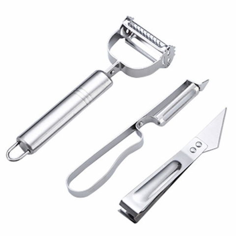 Ajutoare pentru gatit - Accesorii de curatat decojit fructe legume, set 3 piese, feliator cutit decojitor, legume si fructe, din otel inoxidabil, cu maner, argintiu