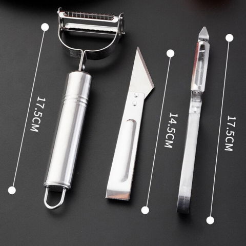 Accesorii de curatat decojit fructe legume, set 3 piese, feliator cutit decojitor, legume si fructe, din otel inoxidabil, cu maner, argintiu [1]