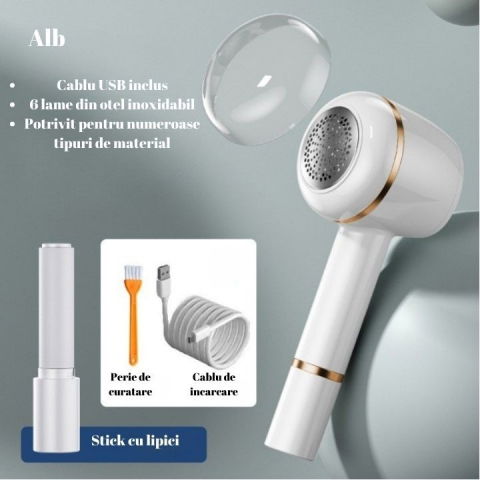 Aparat pentru curatat scame, par si praf, pentru diferite tipuri de material, cu lame din otel inoxidabil, incarcare prin usb type-c, cu perie de curatare, cablu usb si stick cu lipici incluse, alb, 220 x 86 mm [4]