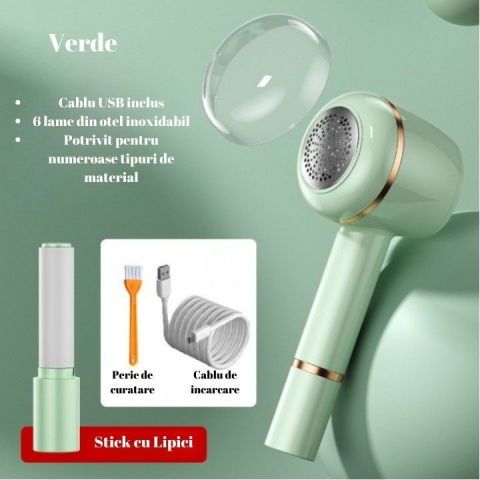 Aparat pentru curatat scame, par si praf, pentru diferite tipuri de material, cu lame din otel inoxidabil, incarcare prin usb type-c, cu perie de curatare, cablu usb si stick cu lipici incluse, verde, 220 x 86 mm [5]