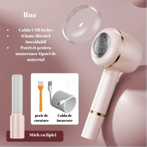 Aparat pentru curatat scame, par si praf, pentru diferite tipuri de material, cu lame din otel inoxidabil, incarcare prin usb type-c, cu perie de curatare, cablu usb si stick cu lipici incluse, roz, 220 x 86 mm [3]