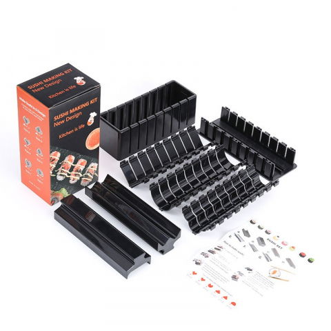 Organizatoare si accesorii pentru bucatarie - Aparat pentru sushi, set 7 accesorii pentru sushi, ofera 3 forme de design, rotund, triunghi, inimioare, negru