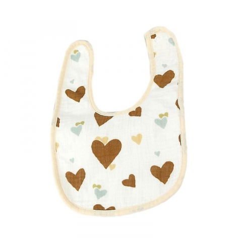 Scaune, seturi de masă și accesorii bebeluși - Baveta in forma de u, din bumbac, pentru copii 0-12 luni, rezistenta la apa, cu capse, model cu inimioare,  21x30 cm, bej