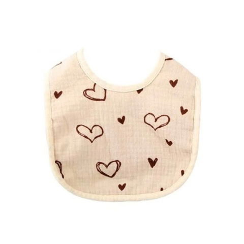 Baveta in forma de u, din bumbac, pentru copii 0-12 luni, rezistenta la apa, cu capse, model cu inimoare,  21x30 cm, bej [4]