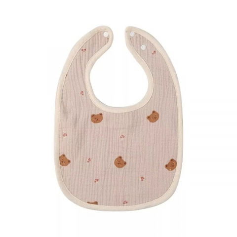 Îngrijire, transport și organizare pentru bebeluși și copii - Baveta in forma de u, din bumbac, pentru copii 0-12 luni, rezistenta la apa, cu capse, model cu ursuleti,  21x30 cm, bej