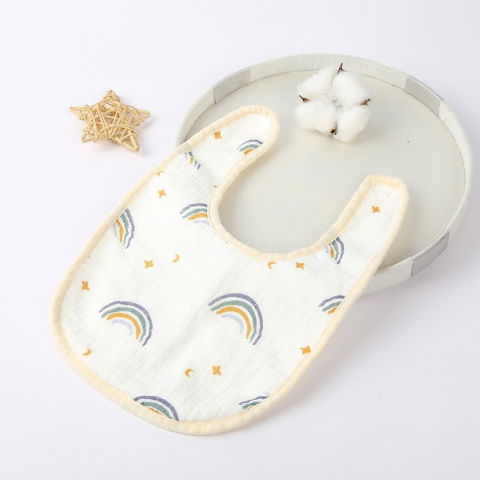 Baveta in forma de u, din bumbac, pentru copii 0-12 luni, rezistenta la apa, cu capse, model curcubeu, 21x30 cm, bej [2]