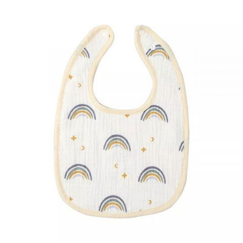 Scaune, seturi de masă și accesorii bebeluși - Baveta in forma de u, din bumbac, pentru copii 0-12 luni, rezistenta la apa, cu capse, model curcubeu, 21x30 cm, bej