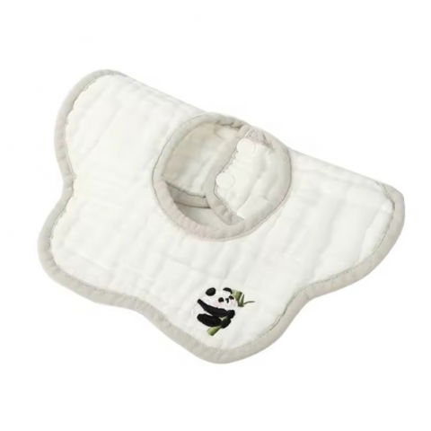 Scaune, seturi de masă și accesorii bebeluși - Baveta tip floare, din bumbac, pentru copii 0-12 luni, rezistenta la apa, 8 straturi, model tricotat cu panda, 26 x 29 cm, alb