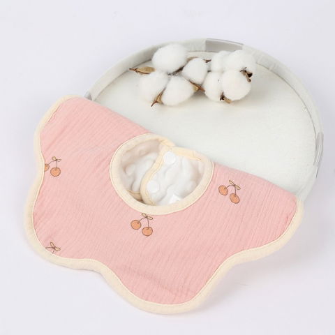 Baveta tip floare, din bumbac, pentru copii 0-12 luni, rezistenta la apa, cu capse, model cu cirese, 26 x 29 cm, roz [4]