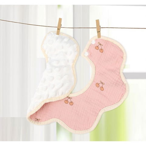 Baveta tip floare, din bumbac, pentru copii 0-12 luni, rezistenta la apa, cu capse, model cu cirese, 26 x 29 cm, roz [3]
