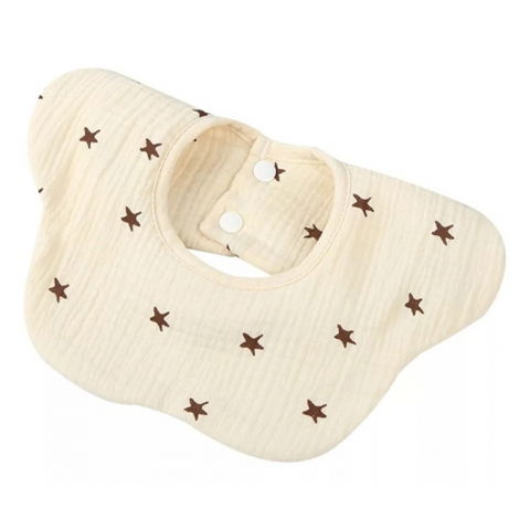 Îngrijire, transport și organizare pentru bebeluși și copii - Baveta tip floare, din bumbac, pentru copii 0-12 luni, rezistenta la apa, cu capse, model cu stelute, 26 x 29 cm, crem