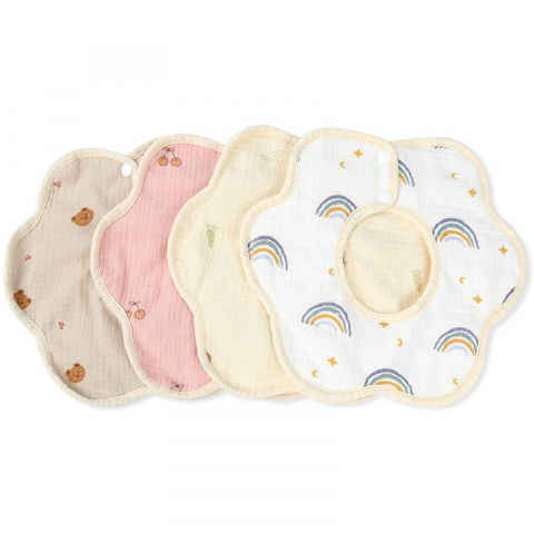 Baveta tip floare, din bumbac, pentru copii 0-12 luni, rezistenta la apa, cu capse, model cu ursuleti, 26 x 29 cm, crem [3]