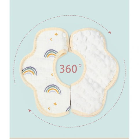 Baveta tip floare, din bumbac, pentru copii 0-12 luni, rezistenta la apa, cu capse, model curcubeu, 26 x 29 cm, alb [3]