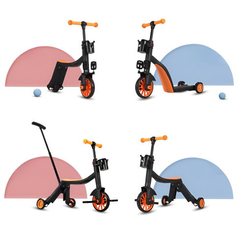 Bicicleta 8 in 1, transformabila, multifunctionala, reglare inaltime, cu maner de impingere detasabil, tricicleta, trotineta, 3 roti, pedale, cosulet, 3-6 ani, portocaliu [6]