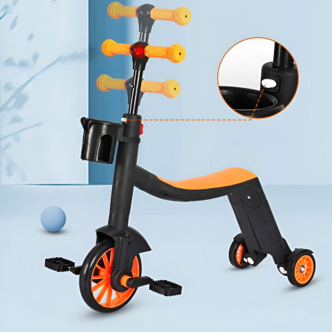Bicicleta 8 in 1, transformabila, multifunctionala, reglare inaltime, cu maner de impingere detasabil, tricicleta, trotineta, 3 roti, pedale, cosulet, 3-6 ani, portocaliu [4]