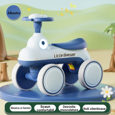 Îngrijire, transport și organizare pentru bebeluși și copii - Bicicleta pentru copii, fara pedale, cu patru roti, din plastic rezistent, fara bpa, cu muzica si lumini, model dinozaur, 50x27x40 cm, albastru