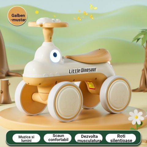 Bicicleta pentru copii, fara pedale, cu patru roti, din plastic rezistent, fara bpa, cu muzica si lumini, model dinozaur, 50x27x40 cm, galben-mustar [1]