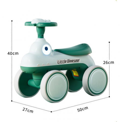 Bicicleta pentru copii, fara pedale, cu patru roti, din plastic rezistent, fara bpa, cu muzica si lumini, model dinozaur, 50x27x40 cm, verde [3]