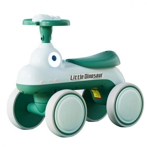 Îngrijire, transport și organizare pentru bebeluși și copii - Bicicleta pentru copii, fara pedale, cu patru roti, din plastic rezistent, fara bpa, cu muzica si lumini, model dinozaur, 50x27x40 cm, verde