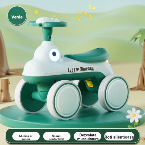 Bicicleta pentru copii, fara pedale, cu patru roti, din plastic rezistent, fara bpa, cu muzica si lumini, model dinozaur, 50x27x40 cm, verde [1]